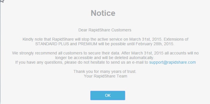 Rapidshare Alternatives: File Hoster shuts down March 31, 2015