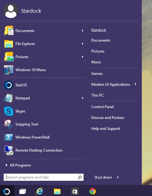 меню запуска Windows 7 в Windows 10