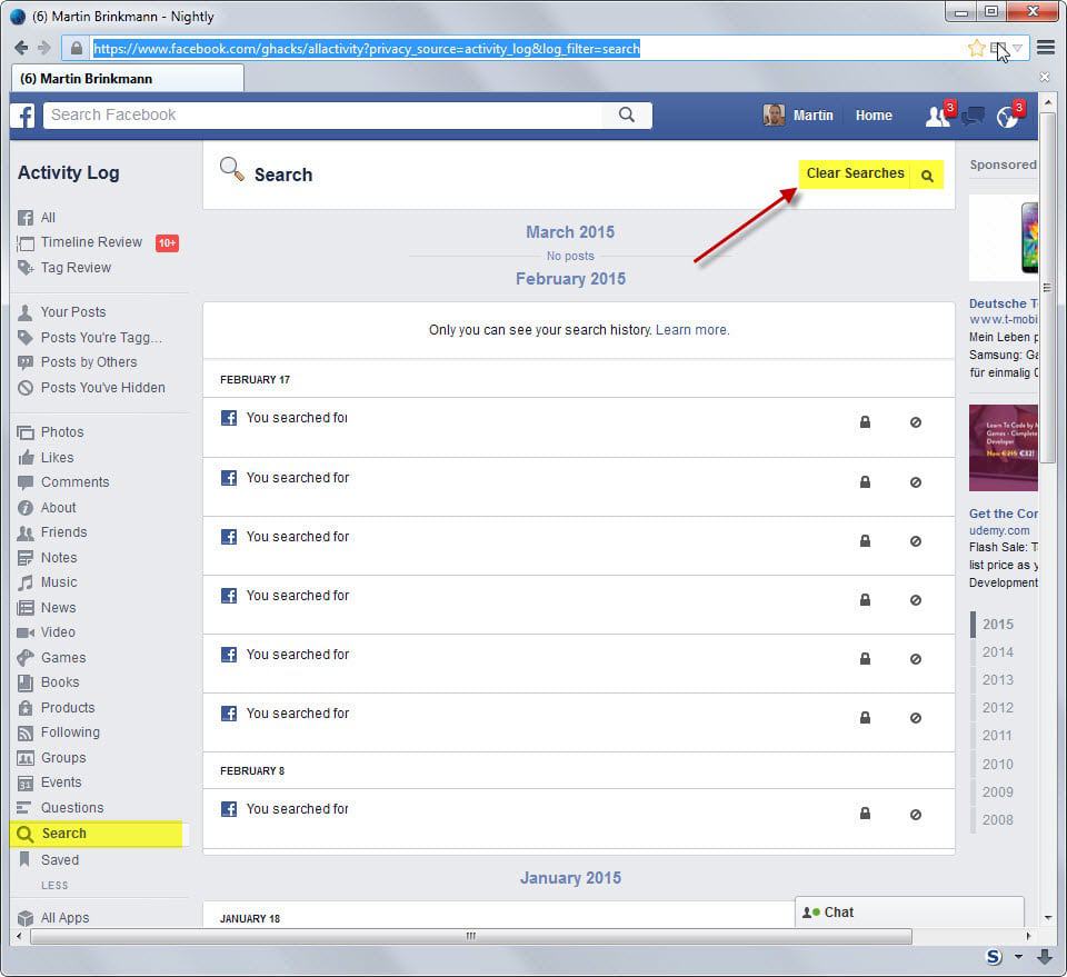 How to remove your search history on Facebook - gHacks Tech News