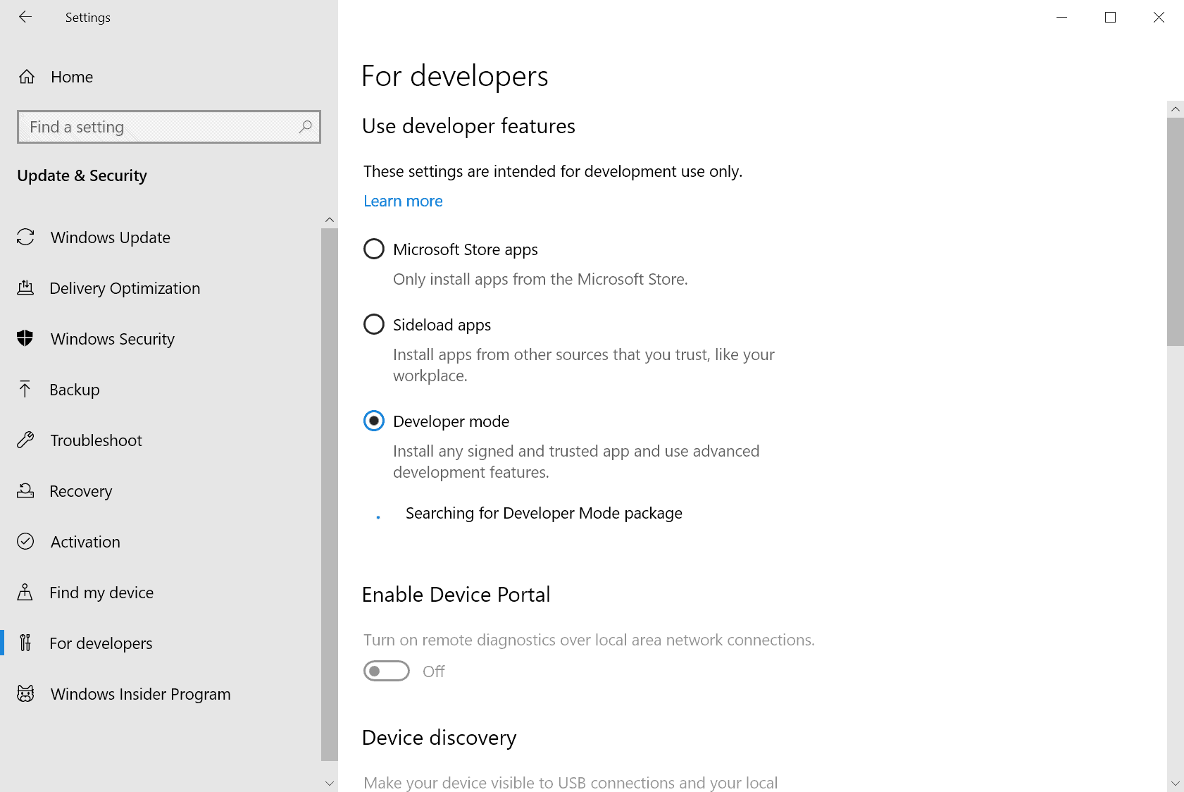 windows 10 developer mode