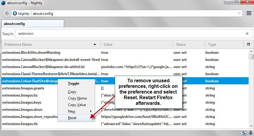 How to remove unused preferences from Firefox's about:config page