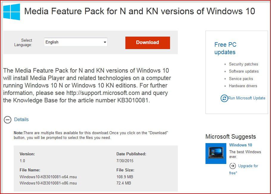 microsoft media feature pack windows 10 pro n download