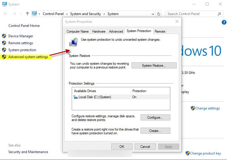 Check if System Restore is enabled on Windows 10