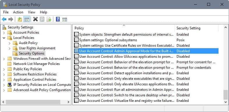 user account control security policy