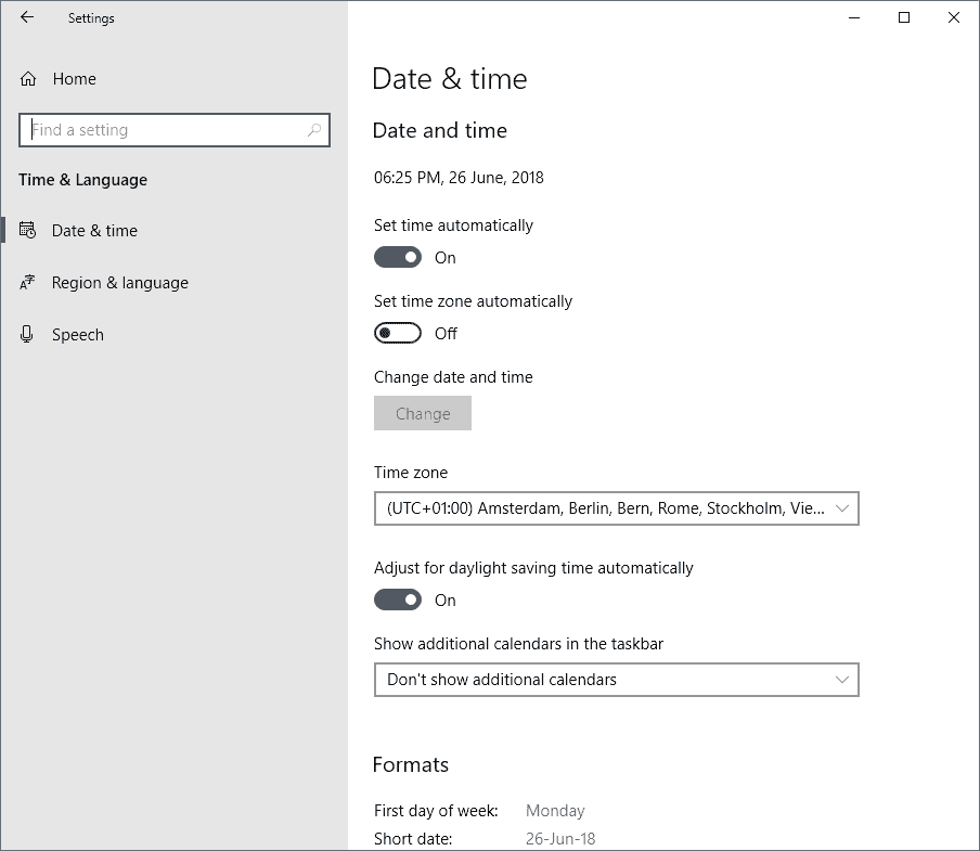 time language windows 10