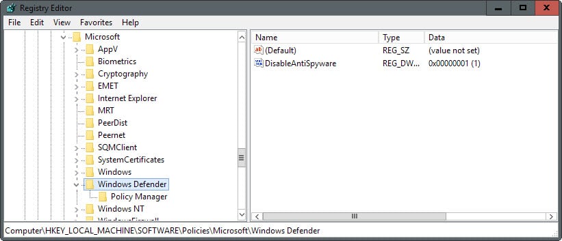 disable windows 10 defender registry