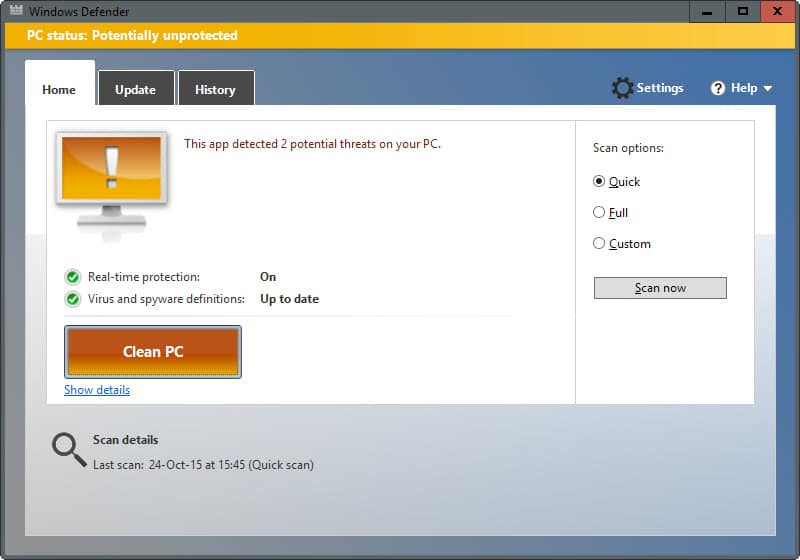 windows defender interface