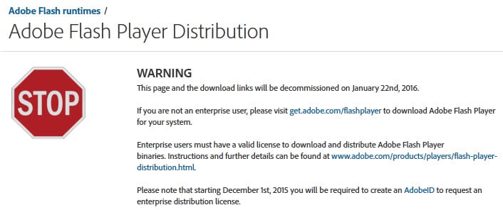 Adobe to remove offline Flash download links on January 22, 2016