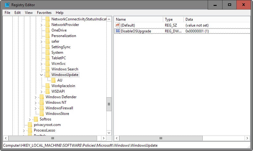 disable feature update windows 10 registry