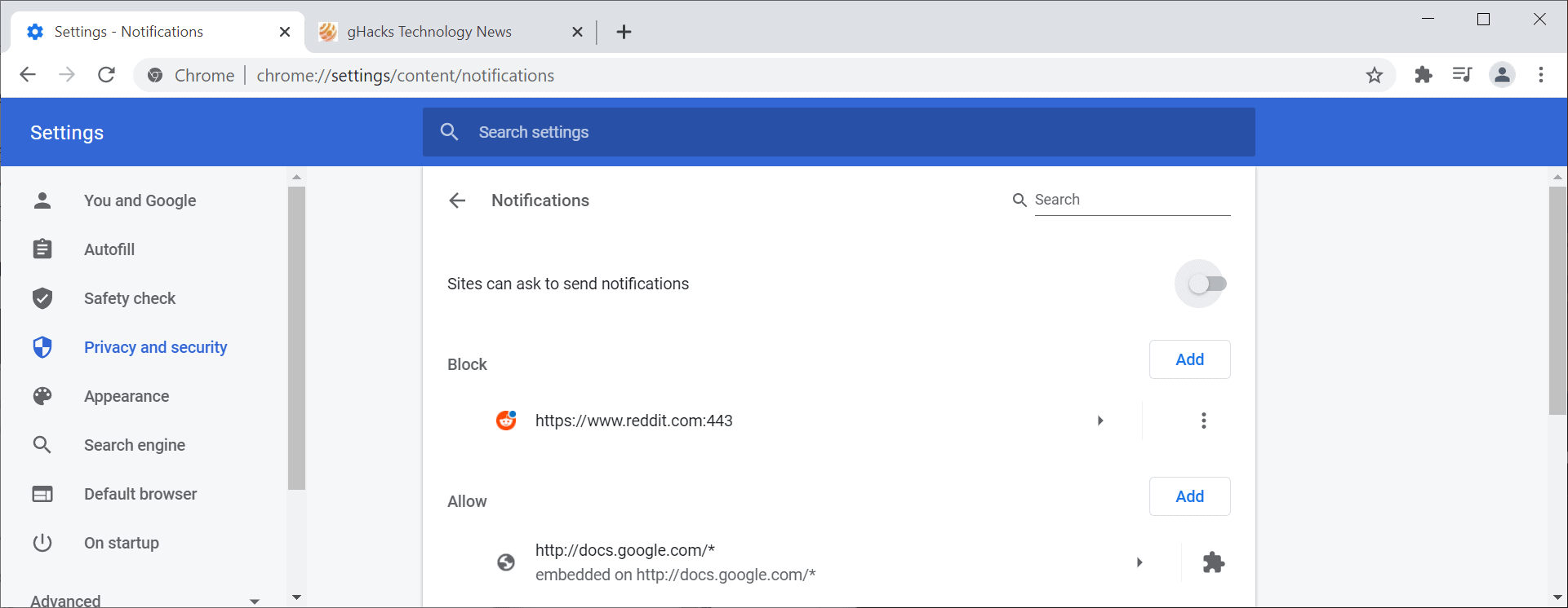 chrome block notifications