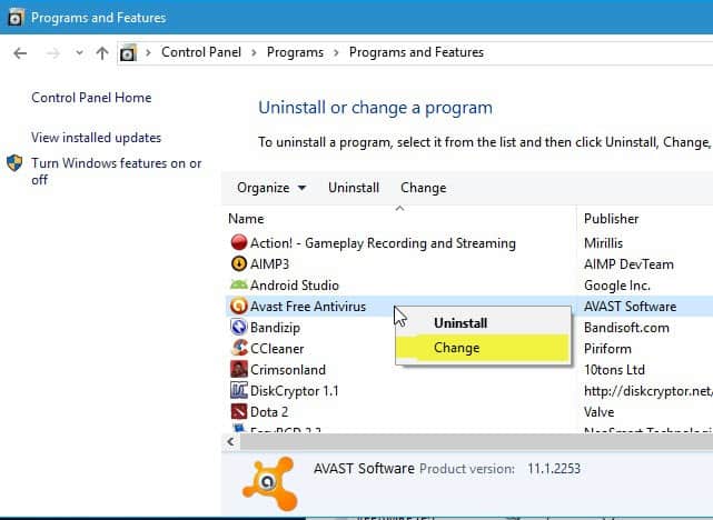 avast change programs
