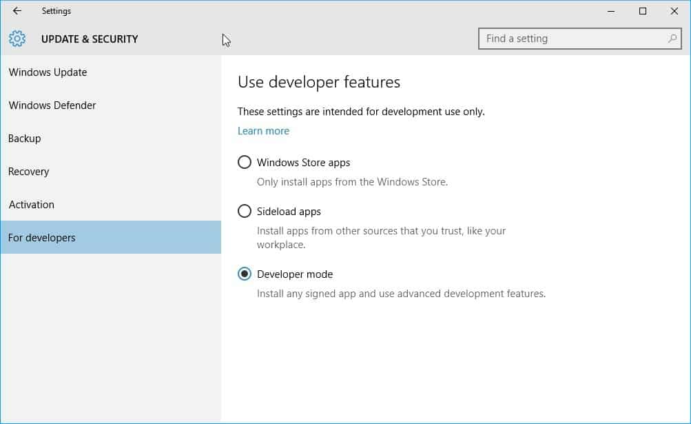 windows 10 developer mode