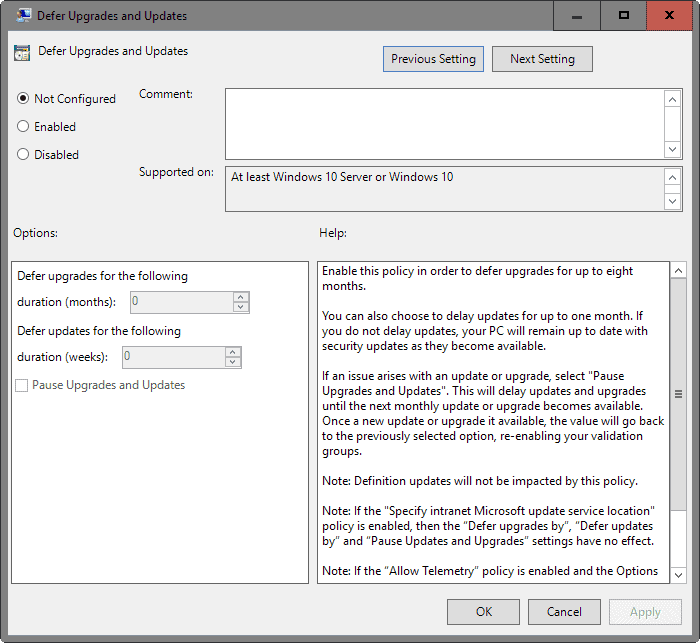 defer upgrades updates windows 10