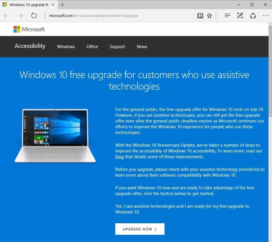 windows 10 upgrade assistive technologies