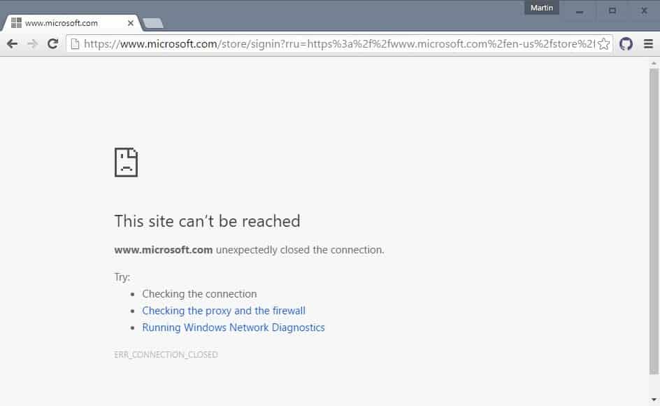 Fixing Microsoft Site can't be reached error in Chrome