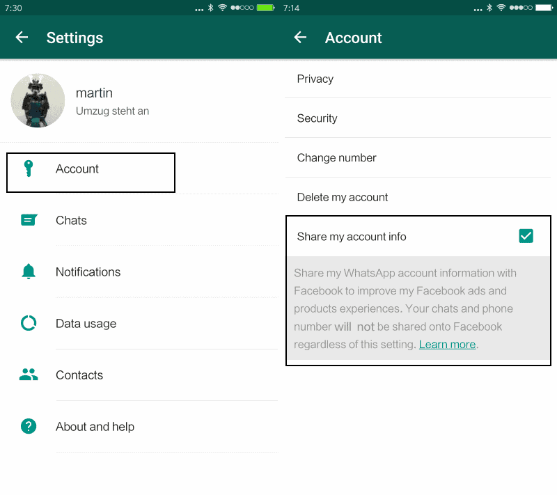 whatsapp disable share account info