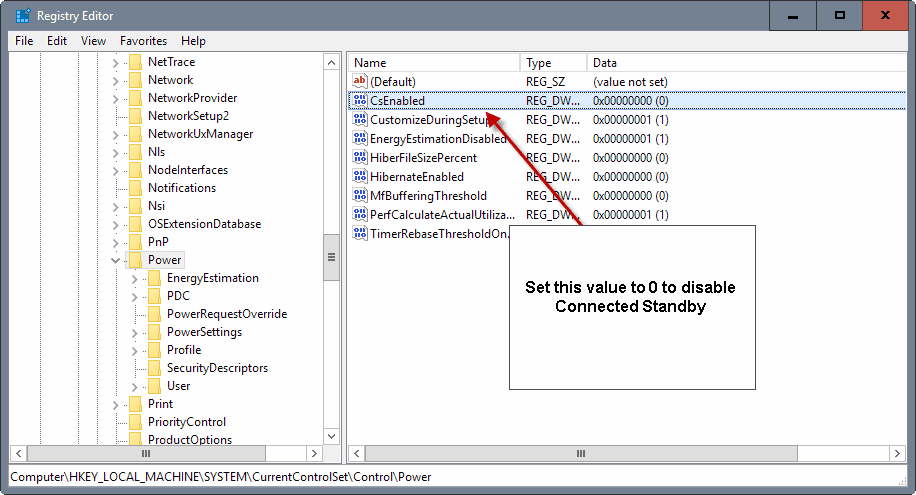 disable connected standby