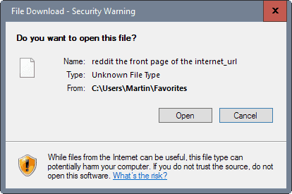 Windows Favorites throw File Download Security Warning popup