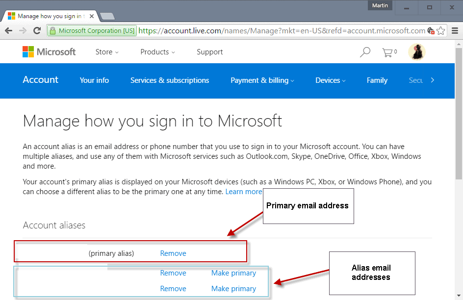 microsoft account primary