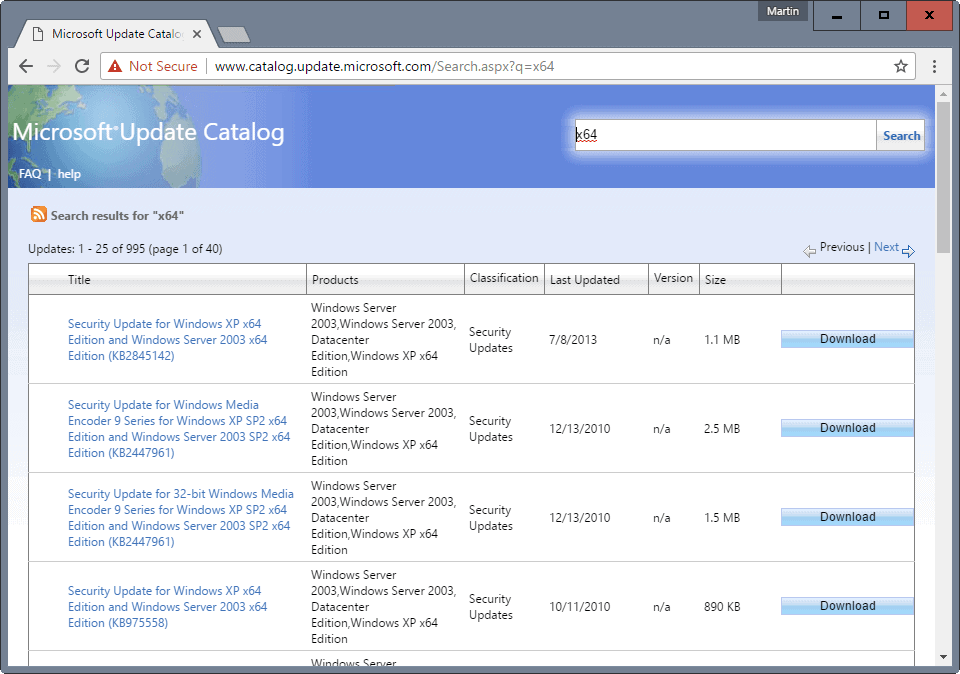 Microsoft Update Catalog works with any browser now