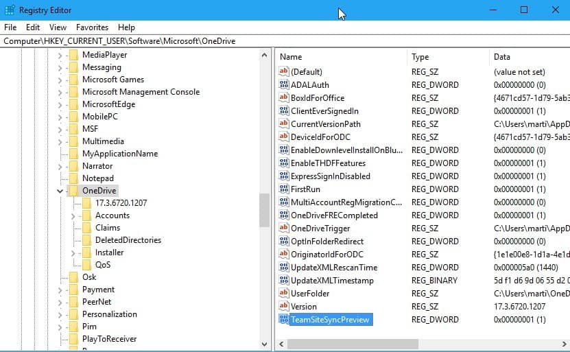 onedrive registry