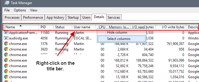 task manager display information