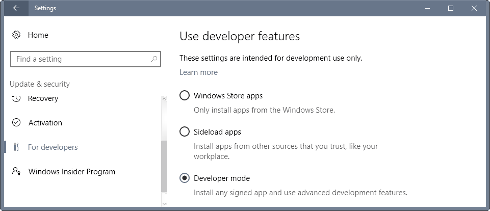 windows 10 developer mode