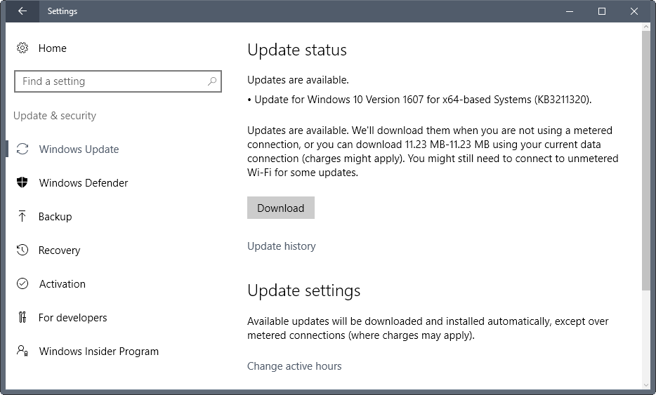 Windows 10 Version 1607 update KB3211320
