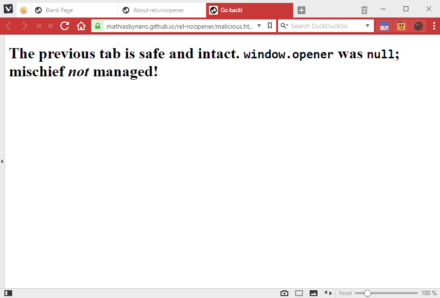 rel noopener browser issue