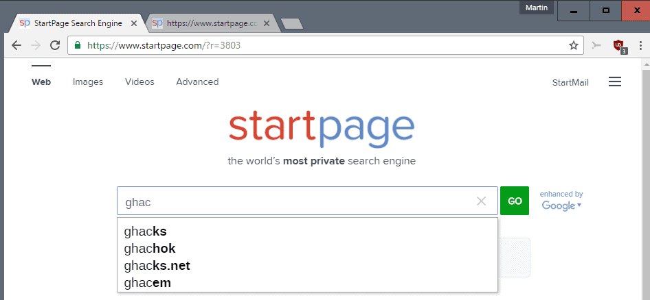 startpage suggestions