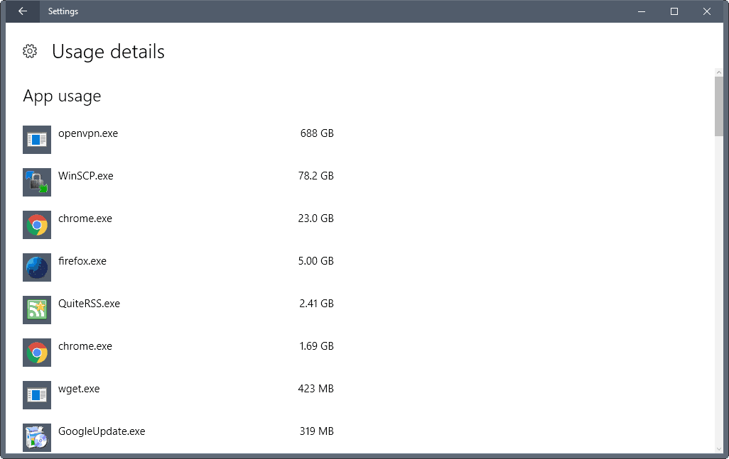 Windows 10: look up data usage for the past 30 days 