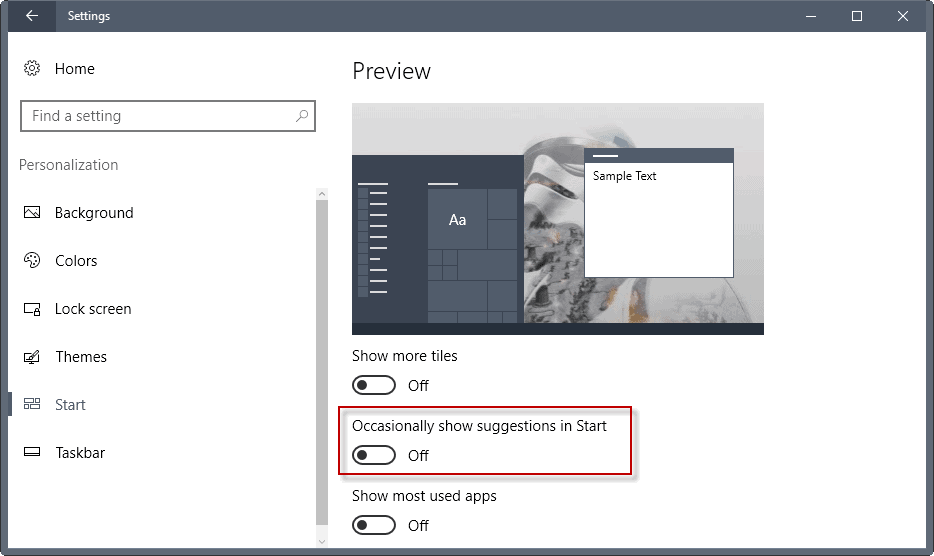 occasionally show suggestions in start