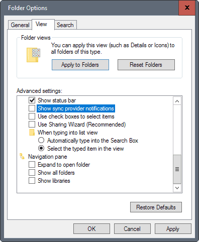 Windows 10 показывает уведомления поставщика синхронизации