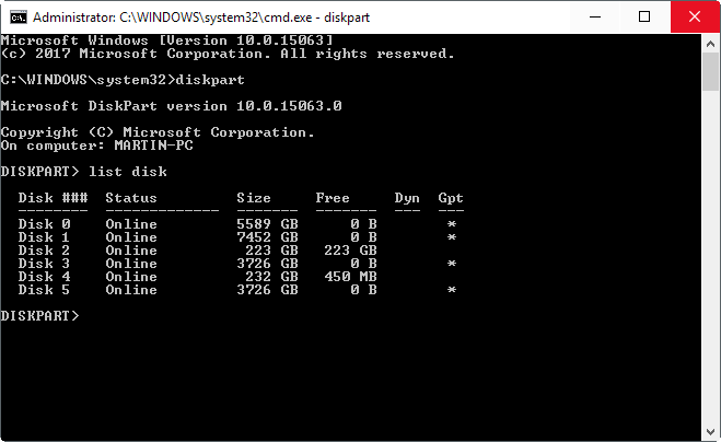 diskpart list disk