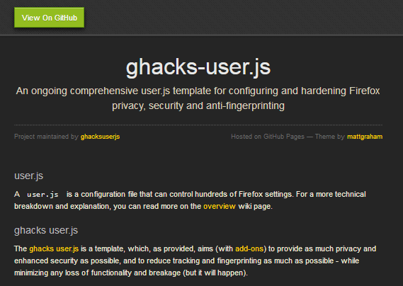 Ghacks user.js goes github