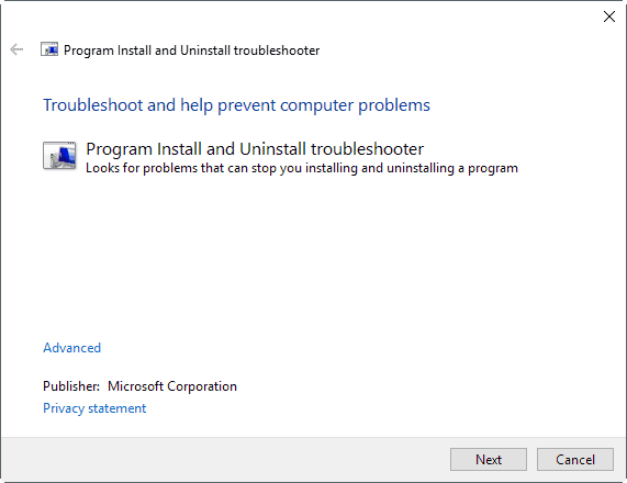 program install uninstall troubleshooter