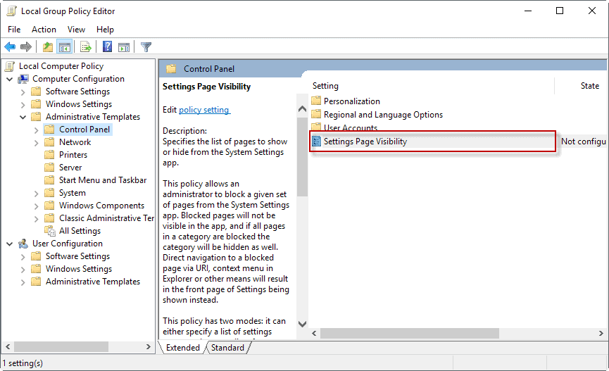 windows 10 settings page visibility