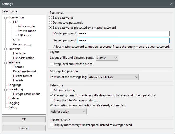 filezilla master password