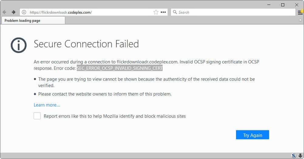 Firefox throws Secure Connection Failed for select Microsoft domains