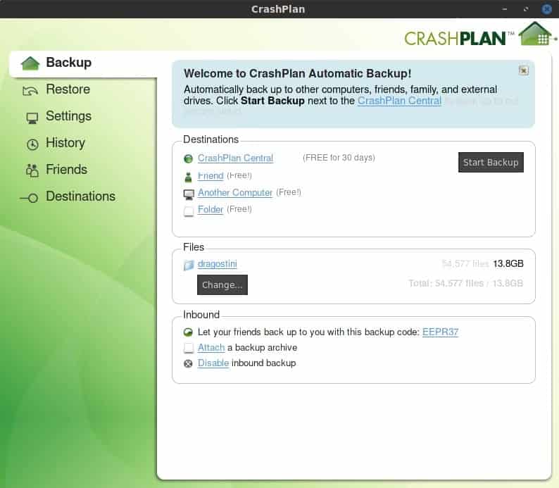 CrashPlan Home Screen