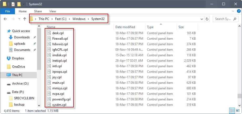 control panel items