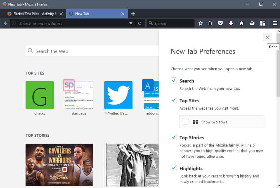 A look at an early version of Firefox 57's New Tab Page