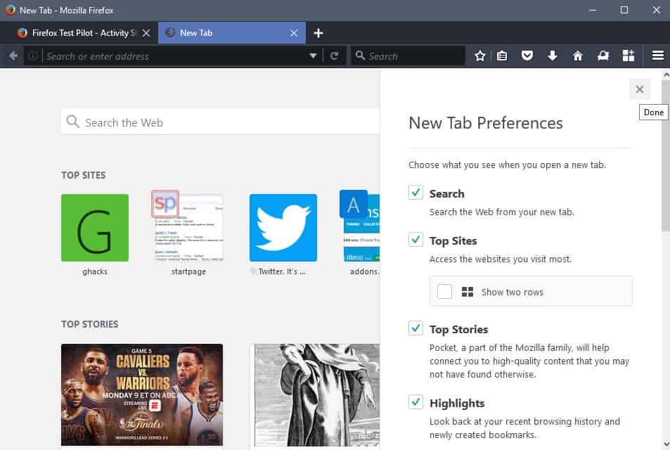 firefox 57 new tab page