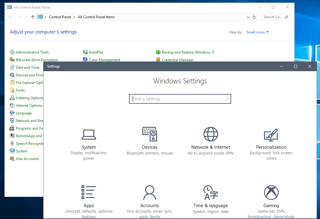 control panel settings