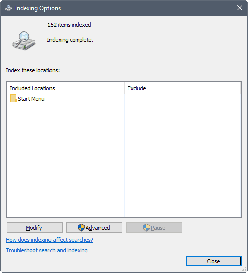 windows search indexing options