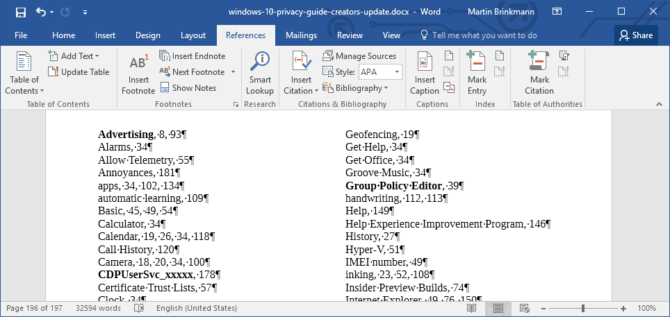 How to create an index in Word 2016