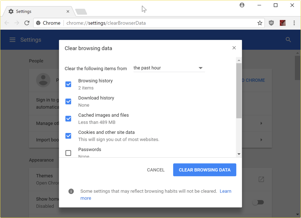 chrome clear browsing data