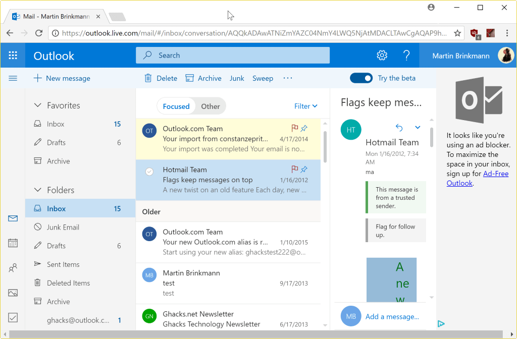 outlook.com beta august 2017