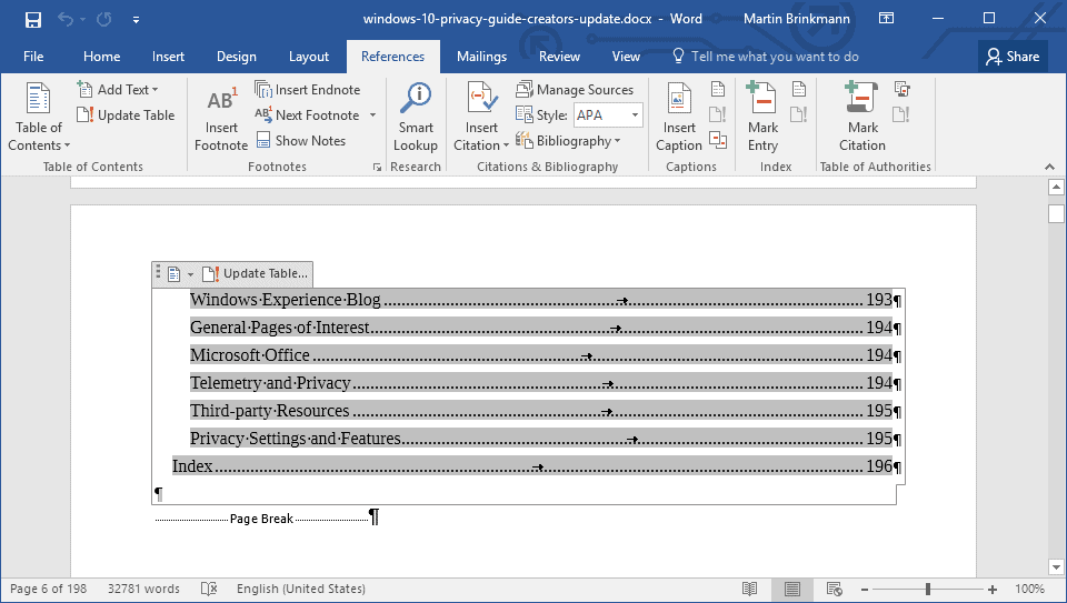 update table of contents