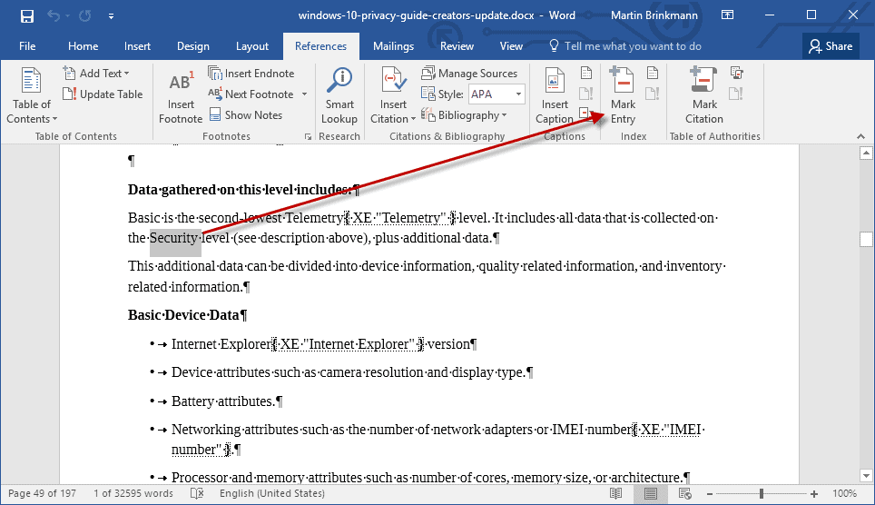 word 2016 index